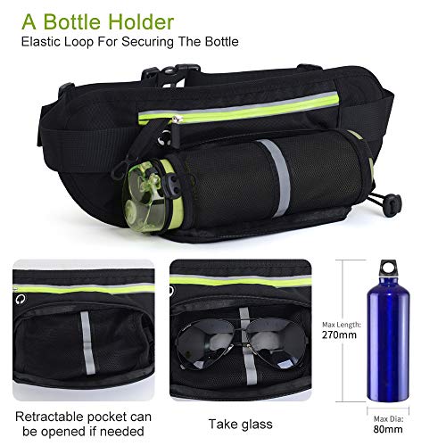 Riñonera Running con Soporte para Botella de Agua [sin Botella] – Soporte de teléfono Impermeable para Entrenamiento, Ciclismo, Viaje y más –con Tiras Reflectantes y Agujero para Auriculares