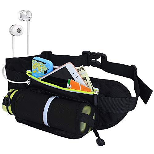 Riñonera Running con Soporte para Botella de Agua [sin Botella] – Soporte de teléfono Impermeable para Entrenamiento, Ciclismo, Viaje y más –con Tiras Reflectantes y Agujero para Auriculares