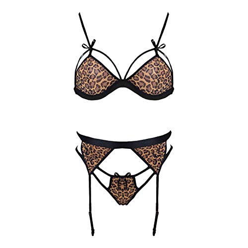 riou Lenceria erótica Mujer Sujetador Inalámbrico de Leopardo Sexy Tanga con Cuello de Liga Ropa de Dormir Ropa Interior de Cuello en V Profundo sin Medias