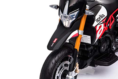 RIRICAR Moto eléctrica Aprilia DORSODURO 900, con Licencia, batería de 12V, Ruedas Suaves de EVA, Motores de 2 x 18W, suspensión, Marco de Metal, Horquilla de Metal, Ruedas auxiliares, Rojo
