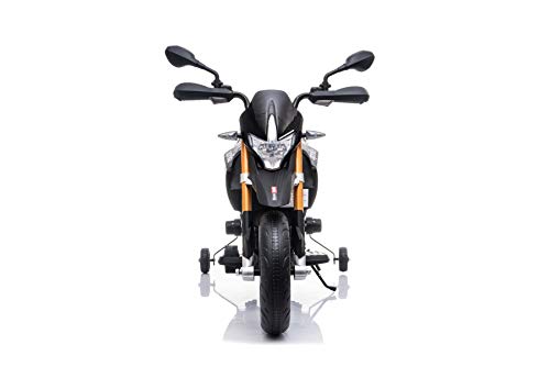 RIRICAR Moto eléctrica Aprilia DORSODURO 900, con Licencia, batería de 12V, Ruedas Suaves de EVA, Motores de 2 x 18W, suspensión, Marco de Metal, Horquilla de Metal, Ruedas auxiliares, Rojo