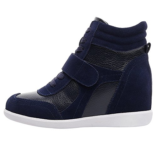 rismart Mujer Tacón De Cuña Velcro Brogue Casual Ante Zapatillas Zapatos SN8599A(Azul Marino,36.5 EU)