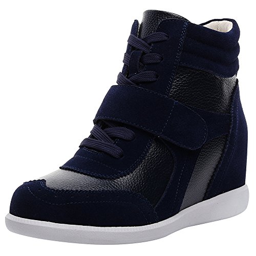 rismart Mujer Tacón De Cuña Velcro Brogue Casual Ante Zapatillas Zapatos SN8599A(Azul Marino,36.5 EU)