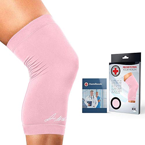 Rodillera Compresión para Mujer Desarrollada por Médicos - ALIVIO del Dolor Articular, Menisco, Ligamentos, Tendinitis y Lesiones - Incluye Libro Manual Escrito por Médico - Color Rosa Talla 5XL