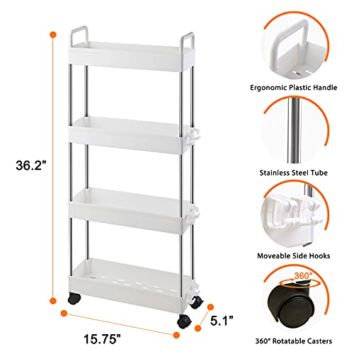Ronlap Carrito de Servicio Carrito de Cocina Carrito de baño Carrito de baño 4 Niveles Carrito Multiusos Estante de Cocina con Gancho para asa, Estante Estrecho para Cocina, baño, Blanco