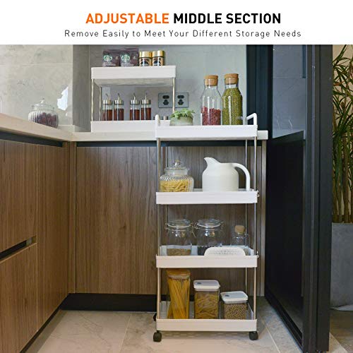 Ronlap Carrito de Servicio Carrito de Cocina Carrito de baño Carrito de baño 4 Niveles Carrito Multiusos Estante de Cocina con Gancho para asa, Estante Estrecho para Cocina, baño, Blanco