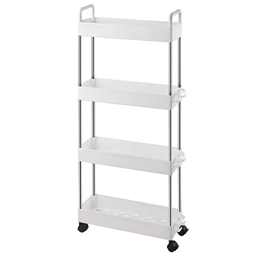 Ronlap Carrito de Servicio Carrito de Cocina Carrito de baño Carrito de baño 4 Niveles Carrito Multiusos Estante de Cocina con Gancho para asa, Estante Estrecho para Cocina, baño, Blanco