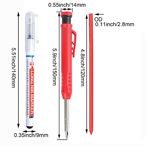 Rotulador resistente al agua, Cabeza larga orificio profundo multifunción punta larga sólido, lápiz carpintero con sacapuntas incorporado, para plástico, vidrio, carpintería, hardware (Paquete A)