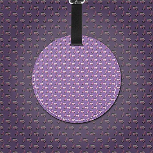 Round Travel Luggage Tags,Vintage Deep Deck Girlie Scooters On A Purple Shaded Background,Leather Baggage Tag