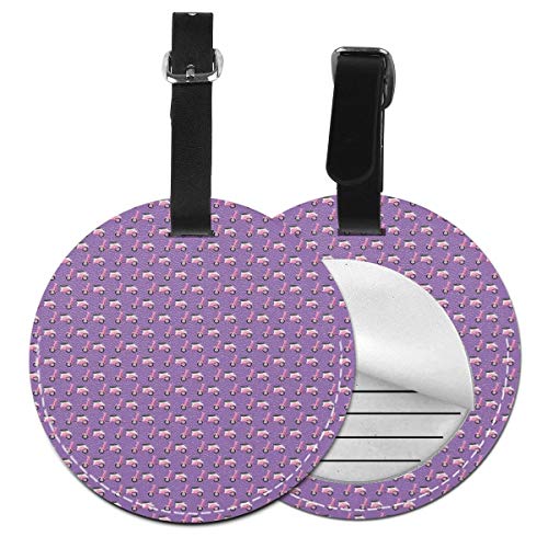 Round Travel Luggage Tags,Vintage Deep Deck Girlie Scooters On A Purple Shaded Background,Leather Baggage Tag
