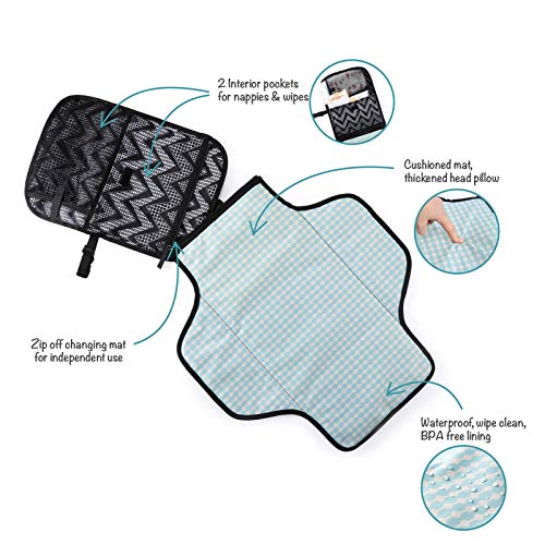 RUVALINO Cambiador Portátil, Kit Cambiador Viaje Impermeable Extra Ancho, Cambia Pañales Bebe Plegable con Cojín para Cabeza, Estampado Chevron
