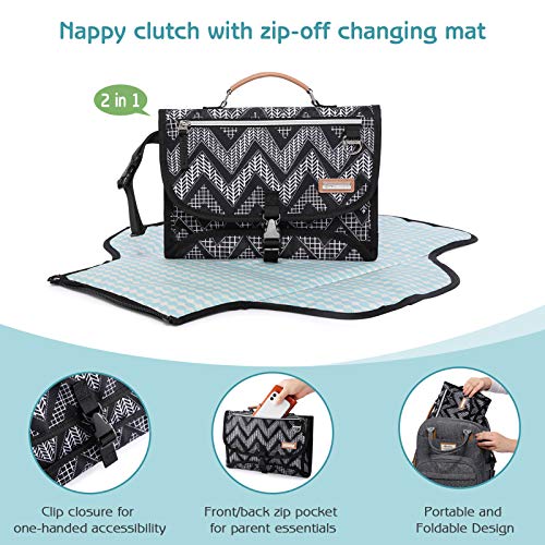 RUVALINO Cambiador Portátil, Kit Cambiador Viaje Impermeable Extra Ancho, Cambia Pañales Bebe Plegable con Cojín para Cabeza, Estampado Chevron