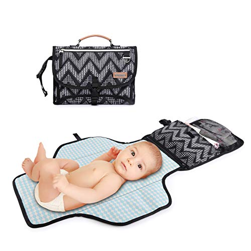 RUVALINO Cambiador Portátil, Kit Cambiador Viaje Impermeable Extra Ancho, Cambia Pañales Bebe Plegable con Cojín para Cabeza, Estampado Chevron