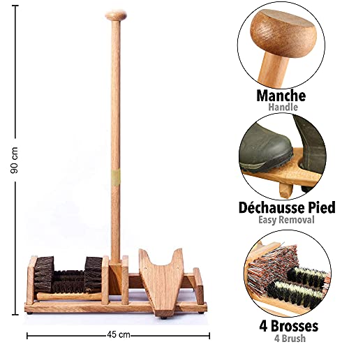 Sacabotas / 4 Cepillos - Sacabotas con Palo de equilibrio - Cepillo, Rascador de botas, limpia zapatos - Práctico para retirar las botas sin esfuerzo - 90 cm - Madera