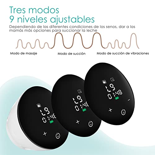 Sacaleches Eléctrico, Extractor de Leche Materna con 3 Modos y 9 Niveles de Succión, Sacaleches Portátil y Recargable con 1100 mAh Batérias y Biberón de 210mL, Pantalla LCD de Táctil Sensible, Sin BPA
