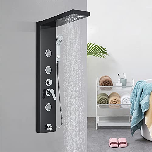 Saeuwtowy Sistema de ducha de hidromasaje de acero inoxidable, ducha de lluvia manual, modo de ducha multifunción en cascada, negro moderno