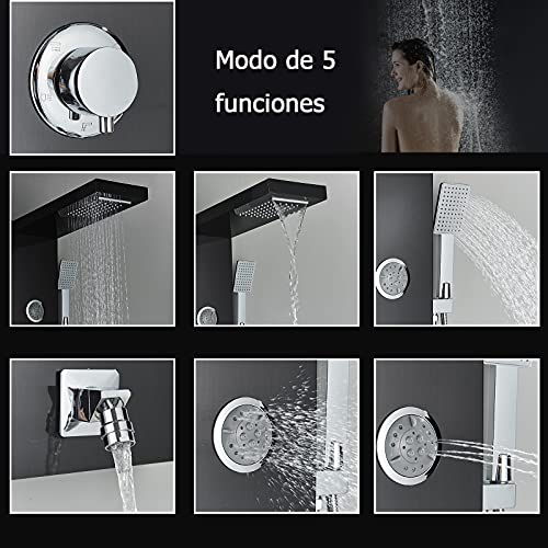 Saeuwtowy Sistema de ducha de hidromasaje de acero inoxidable, ducha de lluvia manual, modo de ducha multifunción en cascada, negro moderno