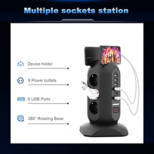 SAFEMORE Regleta de Enchufes con Protección contra Sobretensiones, Regleta con 6 Puertos de Carga USB, Cable Retráctil de 1,8 m, Soporte para Teléfono, Color Negro