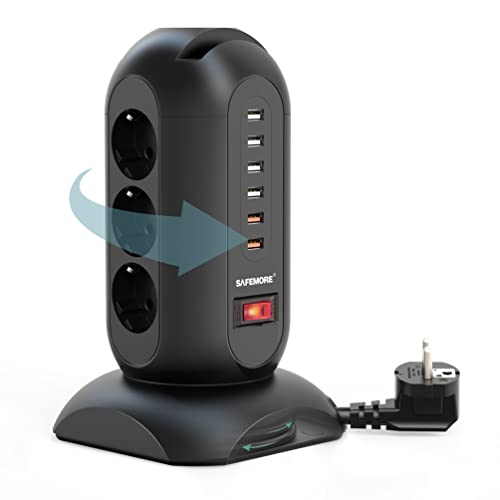 SAFEMORE Regleta de Enchufes con Protección contra Sobretensiones, Regleta con 6 Puertos de Carga USB, Cable Retráctil de 1,8 m, Soporte para Teléfono, Color Negro