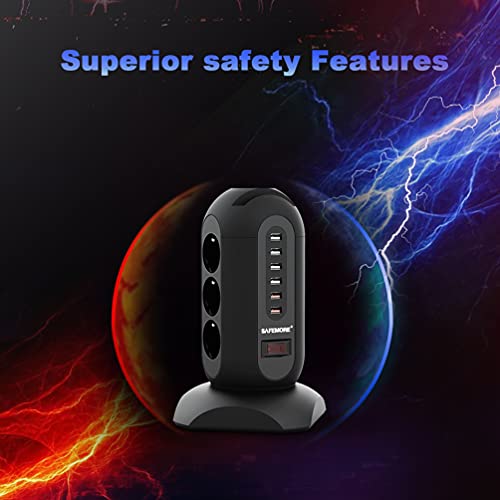 SAFEMORE Regleta de Enchufes con Protección contra Sobretensiones, Regleta con 6 Puertos de Carga USB, Cable Retráctil de 1,8 m, Soporte para Teléfono, Color Negro