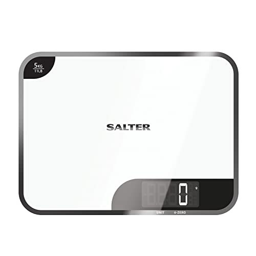 Salter báscula de cocina con función de tabla de cortar, placa, 5 kg, vidrio, 15 años de garantía, blanco