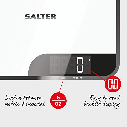 Salter báscula de cocina con función de tabla de cortar, placa, 5 kg, vidrio, 15 años de garantía, blanco