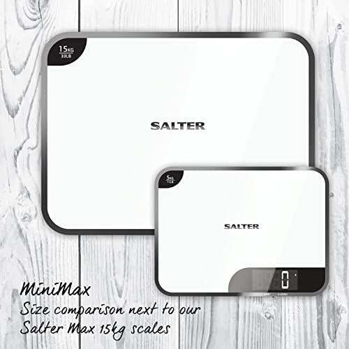 Salter báscula de cocina con función de tabla de cortar, placa, 5 kg, vidrio, 15 años de garantía, blanco