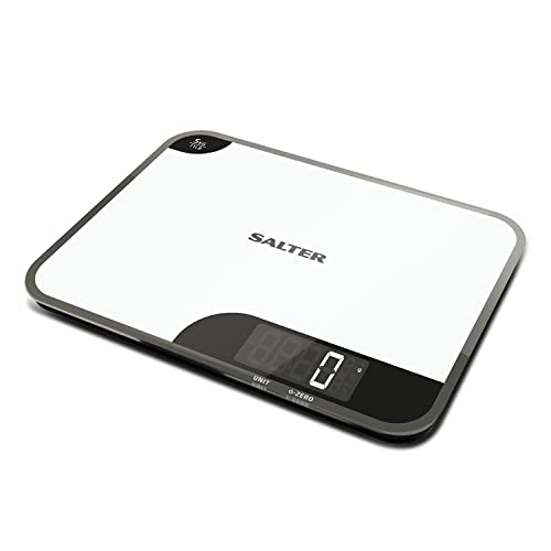 Salter báscula de cocina con función de tabla de cortar, placa, 5 kg, vidrio, 15 años de garantía, blanco