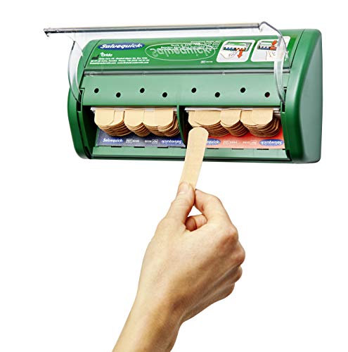 Salvequick ® | Dispensador de apósitos | Dispensador de apósitos con soporte de pared de fácil utilización | Dispensa dos tipos de apósitos diferentes 40 x apósitos de tela y 45 x apósitos plásticos