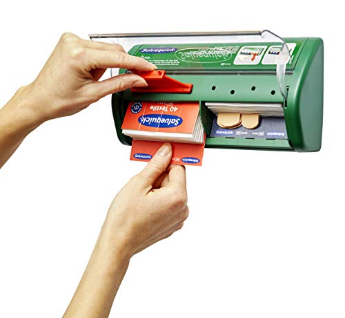 Salvequick ® | Dispensador de apósitos | Dispensador de apósitos con soporte de pared de fácil utilización | Dispensa dos tipos de apósitos diferentes 40 x apósitos de tela y 45 x apósitos plásticos