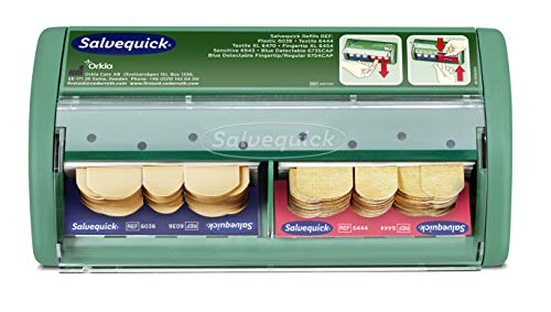Salvequick ® | Dispensador de apósitos | Dispensador de apósitos con soporte de pared de fácil utilización | Dispensa dos tipos de apósitos diferentes 40 x apósitos de tela y 45 x apósitos plásticos