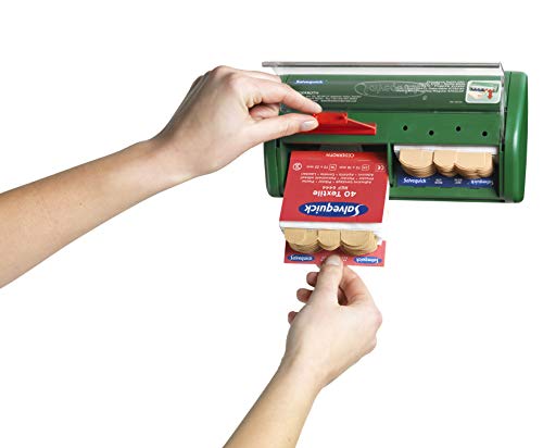 Salvequick ® | Dispensador de apósitos | Dispensador de apósitos con soporte de pared de fácil utilización | Dispensa dos tipos de apósitos diferentes 40 x apósitos de tela y 45 x apósitos plásticos