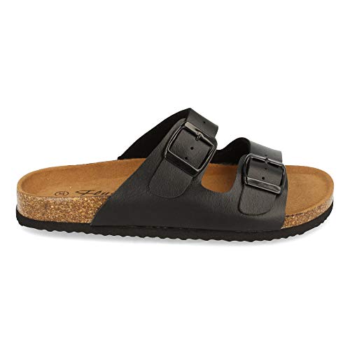 Sandalia Plana para Mujer, Comodas, con Planta Anatomica, y Hebillas en Pala, Primavera Verano 2021. Talla 37 Negro