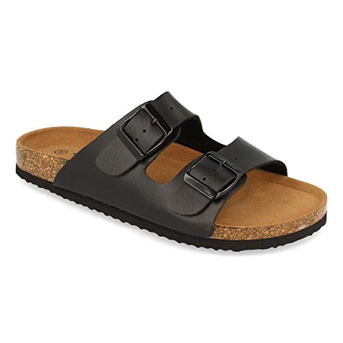 Sandalia Plana para Mujer, Comodas, con Planta Anatomica, y Hebillas en Pala, Primavera Verano 2021. Talla 37 Negro