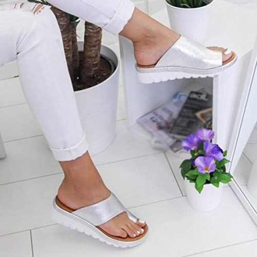Sandalias de Verano para Mujer Zapatillas de Fondo Plano de Espuma Ligera Sandalias de Media Punta de Fondo Grueso Sandalias de Dedo del pie para Mujer de Color sólido - Plata - 37