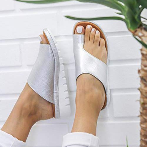 Sandalias de Verano para Mujer Zapatillas de Fondo Plano de Espuma Ligera Sandalias de Media Punta de Fondo Grueso Sandalias de Dedo del pie para Mujer de Color sólido - Plata - 37