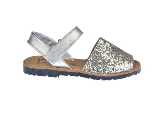 Sandalias Menorquinas para Niñas en Glitter Todo Piel mod203. Calzado infantil Made in Spain, Garantia de calidad. (26, Plata)