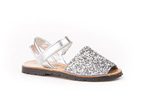 Sandalias Menorquinas para Niñas en Glitter Todo Piel mod203. Calzado infantil Made in Spain, Garantia de calidad. (26, Plata)