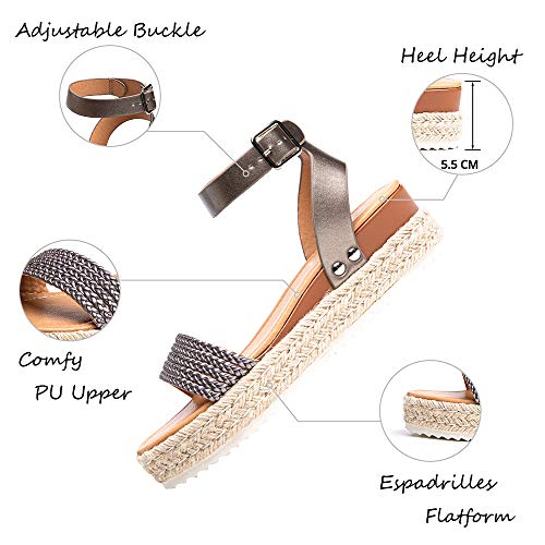 Sandalias Mujer Plataforma Alpargatas Cuña Verano Zapatos de Tacón Punta Abierta Comodas Vestir Correa Tobillo Hebilla Gris-1 39 EU