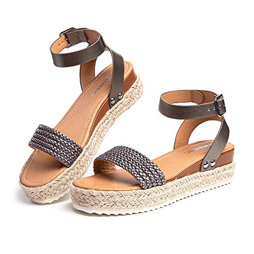 Sandalias Mujer Plataforma Alpargatas Cuña Verano Zapatos de Tacón Punta Abierta Comodas Vestir Correa Tobillo Hebilla Gris-1 39 EU