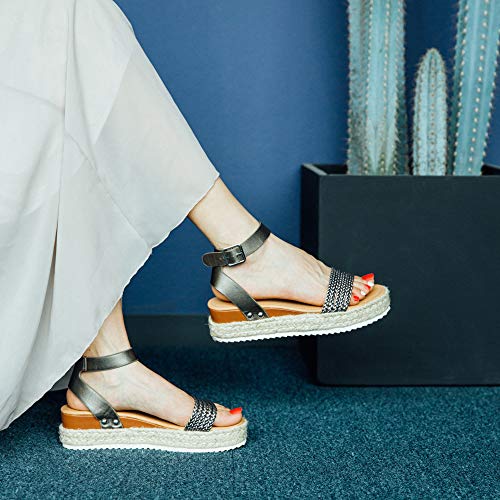 Sandalias Mujer Plataforma Alpargatas Cuña Verano Zapatos de Tacón Punta Abierta Comodas Vestir Correa Tobillo Hebilla Gris-1 39 EU