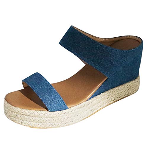 Sandalias Mujer Verano 2019 cáñamo Fondo Grueso Sandalias Punta Abierta Cuero Fondo Plano Zapatos Bohemias Romanas Hebilla Zapatillas Gris 35-43 riou