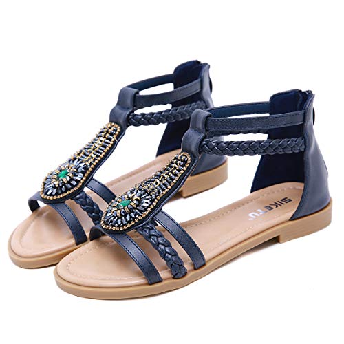 Sandalias para Mujer, Summer Beach Sandalias Planas de Gladiador Sandalias de Punta Abierta Boho para Mujer Sandalias cómodas con Correa en el Tobillo Chanclas