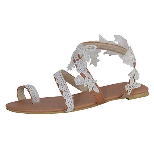 Sandalias Planas Mujer Sandalias Florales con Clip en El Dedo del Pie Sandalias de Tiras Sandalias de Gladiador Planas Florales Zapatos Romanos Zapatillas Planas Casuales para Madre Novia,White 1,42