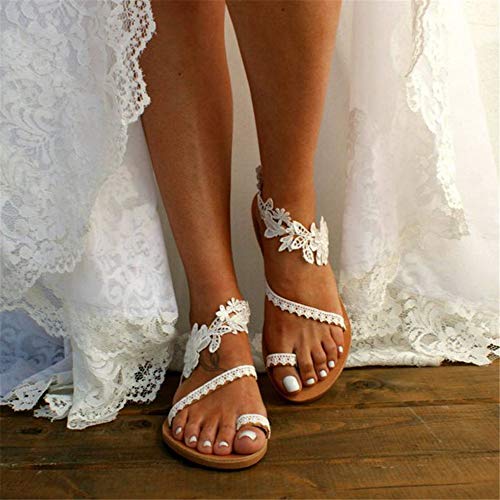 Sandalias Planas Mujer Sandalias Florales con Clip en El Dedo del Pie Sandalias de Tiras Sandalias de Gladiador Planas Florales Zapatos Romanos Zapatillas Planas Casuales para Madre Novia,White 1,42