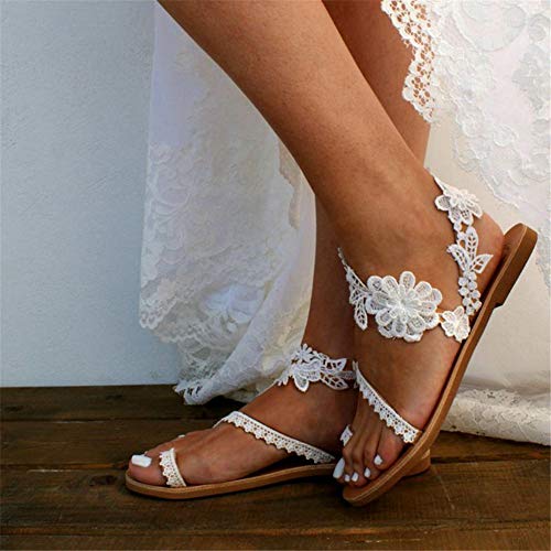 Sandalias Planas Mujer Sandalias Florales con Clip en El Dedo del Pie Sandalias de Tiras Sandalias de Gladiador Planas Florales Zapatos Romanos Zapatillas Planas Casuales para Madre Novia,White 1,42
