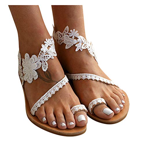 Sandalias Planas Mujer Sandalias Florales con Clip en El Dedo del Pie Sandalias de Tiras Sandalias de Gladiador Planas Florales Zapatos Romanos Zapatillas Planas Casuales para Madre Novia,White 1,42