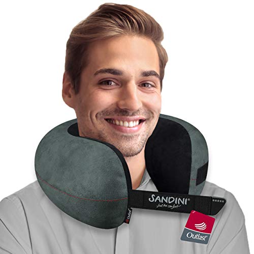 SANDINI TravelFix Regular Size – Almohada de Viaje Premium con Cierre/Almohada Cervical con función de Soporte ergonómico – Bolsa de Transporte de fijación Gratuita (Outlast/Microfibra Antracita)