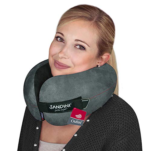 SANDINI TravelFix Regular Size – Almohada de Viaje Premium con Cierre/Almohada Cervical con función de Soporte ergonómico – Bolsa de Transporte de fijación Gratuita (Outlast/Microfibra Antracita)