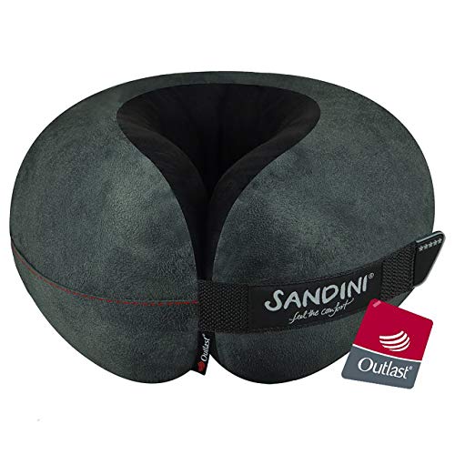 SANDINI TravelFix Regular Size – Almohada de Viaje Premium con Cierre/Almohada Cervical con función de Soporte ergonómico – Bolsa de Transporte de fijación Gratuita (Outlast/Microfibra Antracita)